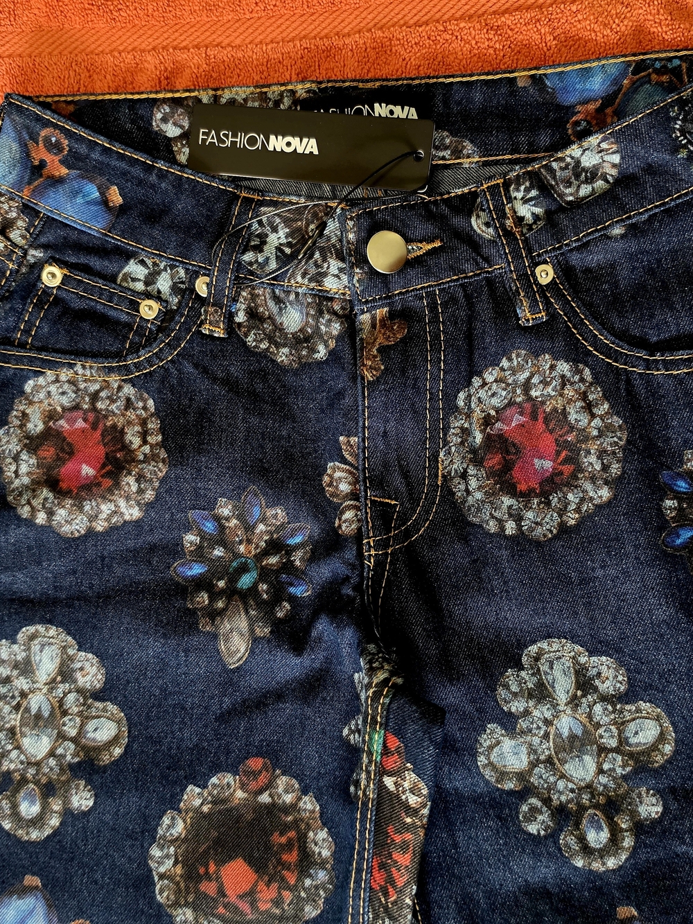 Fashion Nova Dark Blue Jeweled-Print Jeans